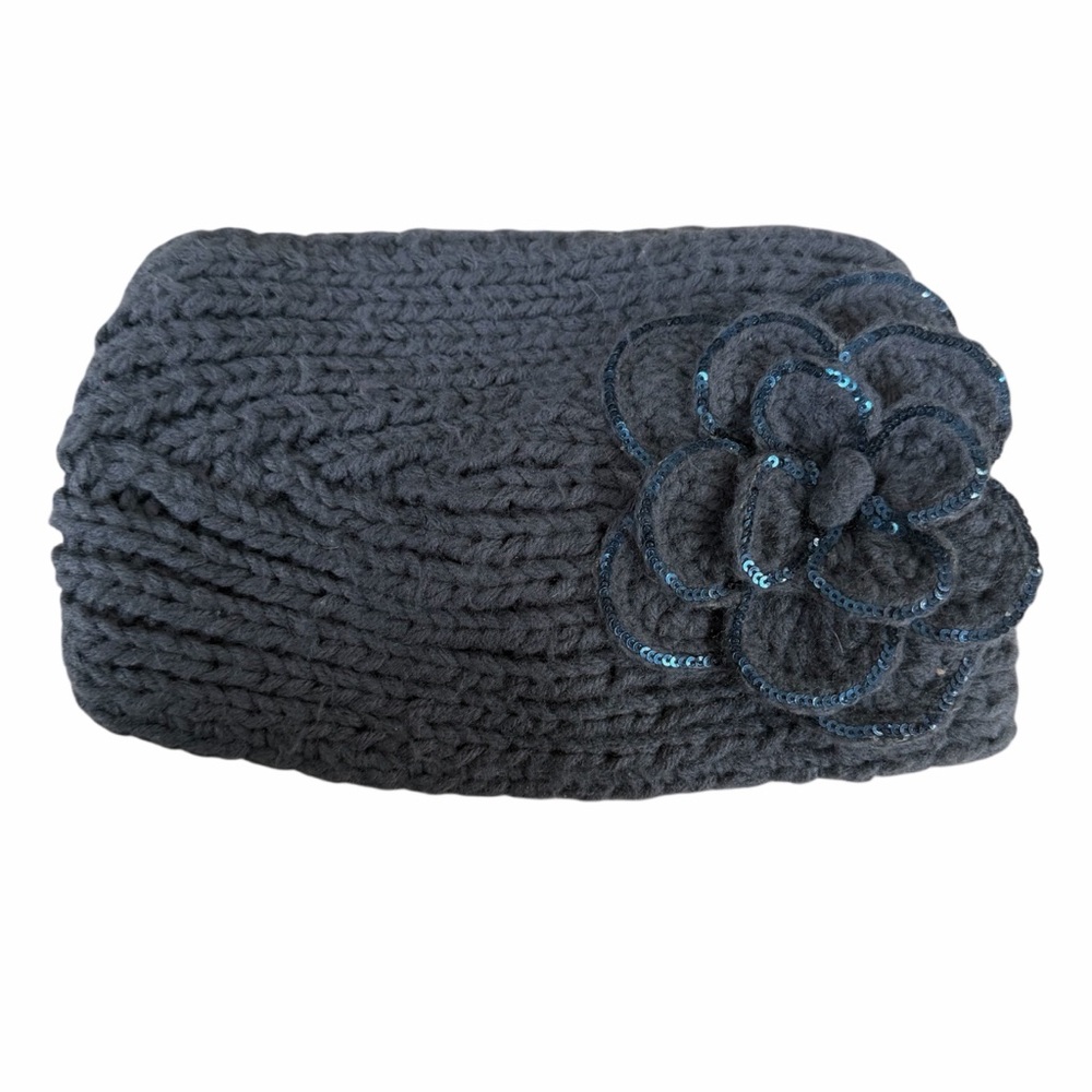 Y2K C.C Dark Gray Charcoal Knit Winter Headband With Sequin Trimmed Flower